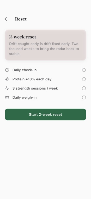 OffRamp two-week reset screen listing daily check-in, extra protein, strength sessions, and daily weigh-in with a Start button.