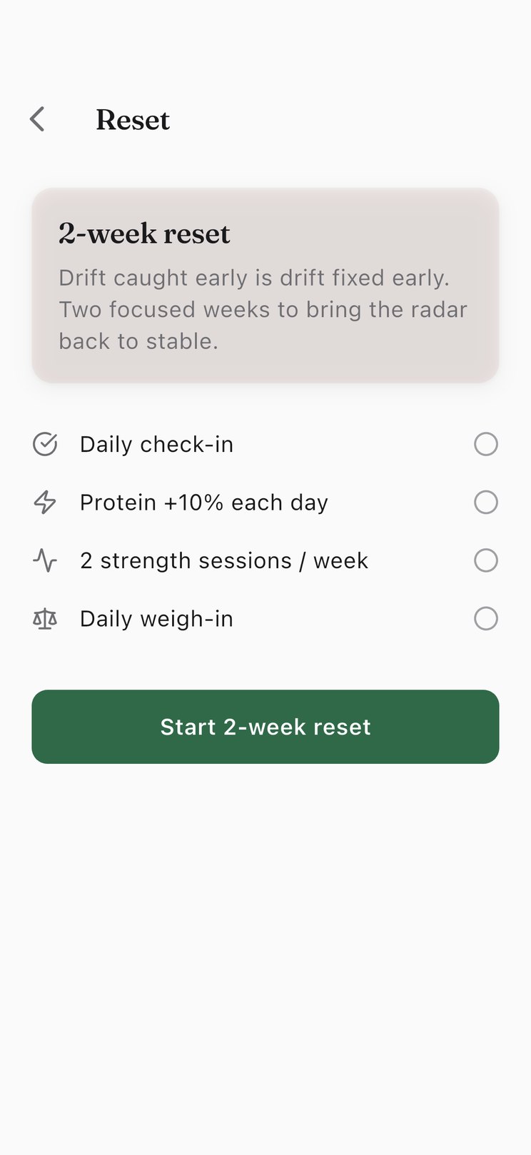 OffRamp two-week reset screen listing daily check-in, extra protein, strength sessions, and daily weigh-in with a Start button.